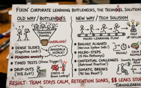 Diagram mapping corporate learning bottlenecks and the technical automation solutions to optimize workflow integration.