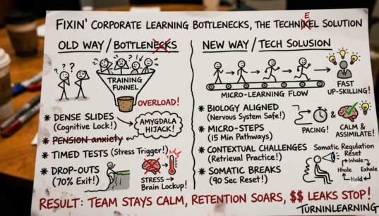 Diagram mapping corporate learning bottlenecks and the technical automation solutions to optimize workflow integration.