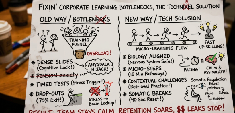 Diagram mapping corporate learning bottlenecks and the technical automation solutions to optimize workflow integration.