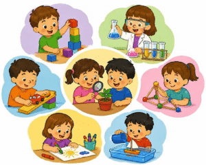 Conceptual illustration of preschoolers as young archaeologists using tools to uncover structured STEM learning concepts, represented by a historical dig site and intricate brass gears.