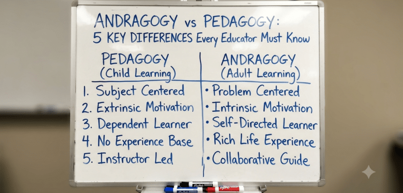 Comparison chart showing the key differences between andragogy and pedagogy in higher education adult learning.