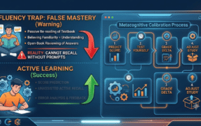 Illustration contrasting passive study habits causing the illusion of competence with active recall techniques for genuine memory retention.