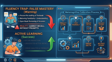 Illustration contrasting passive study habits causing the illusion of competence with active recall techniques for genuine memory retention.