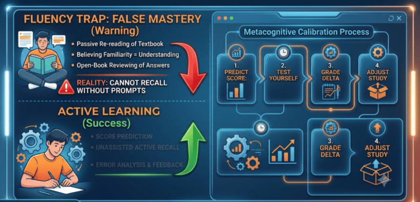 Illustration contrasting passive study habits causing the illusion of competence with active recall techniques for genuine memory retention.