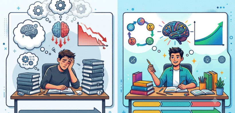 Comparison diagram illustrating the interleaving study strategy versus block studying for long-term memory retention